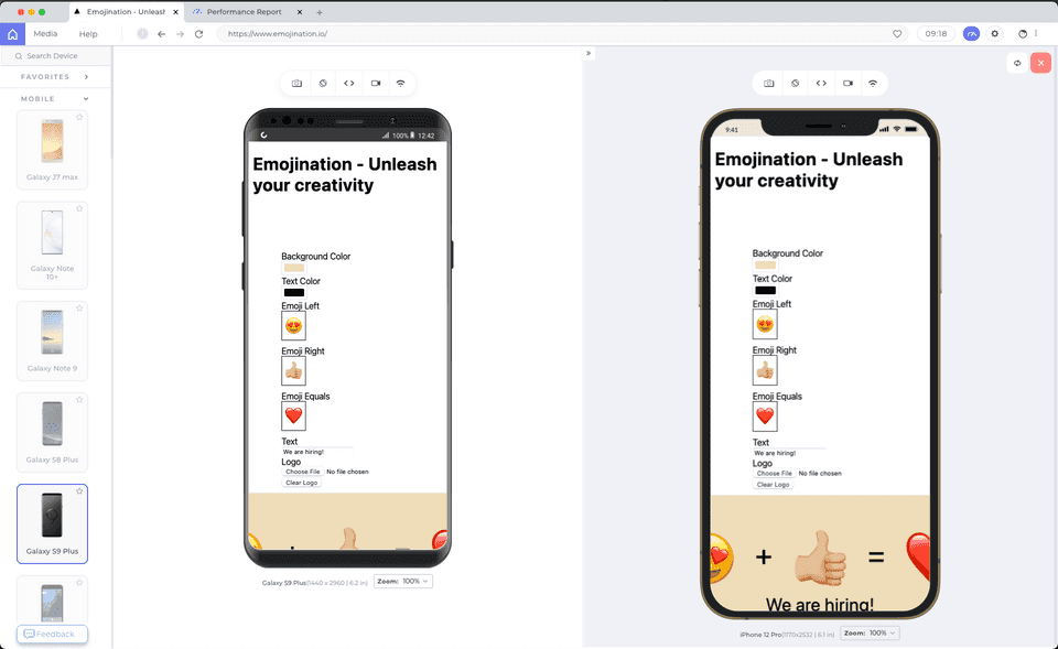 LT Browser testing side by side virtual devices