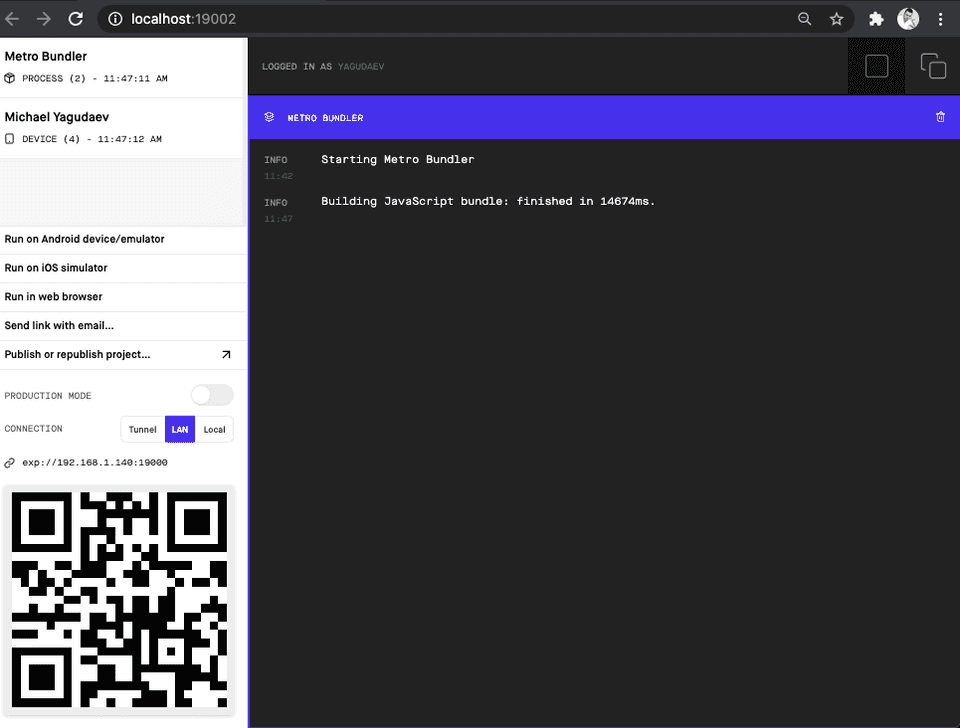 Expo developer tools lets you scan a QR and see device logs in one place